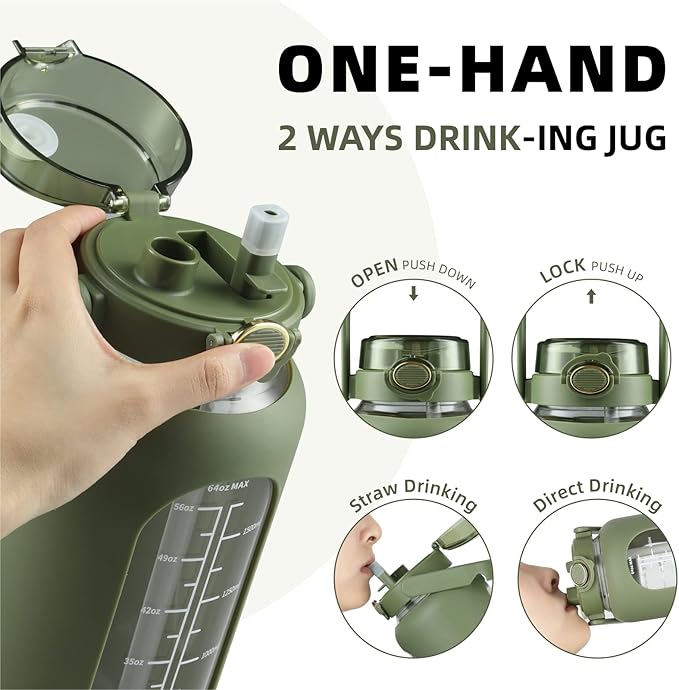 Glass Water Bottle with Straw and Handle Lid Half Gallon Motivational Glass Bottle with Silicone Sleeve and Time Marker Large Reusable Sports Water Jug for Gym Home Workout
