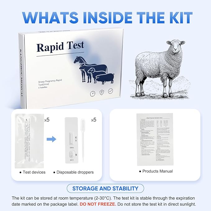 Sheep Goat Pregnancy Test Kit, 5 Pieces Urine Test Strips for Ewe Early Detection, Results in 5-15 Mins, Accurate & Easy Home Farm Use