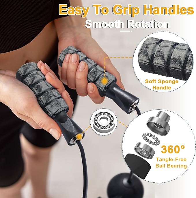 2 in 1 Jump Rope for Women Men and Kids - Tangle-Free Cordless Skipping Jump Rope with Ball Bearings and Foam Handles for Rapid Speed Fitness Workouts