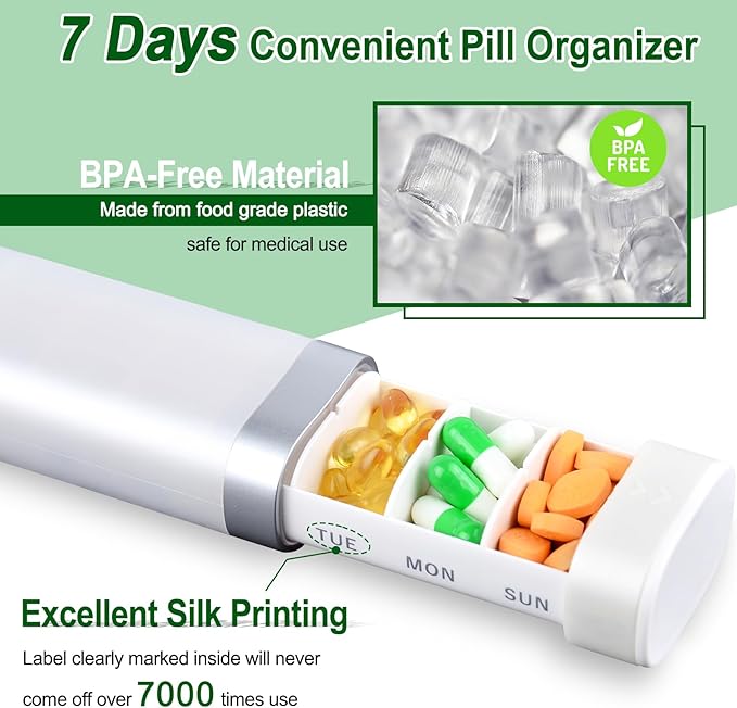 greencycle Pill Organizer 7 Day, Weekly Pill Cases, Portable Daily Pill Box Container Travel Pill Holder Pretty Home Medicine Box Pill Dispenser to Hold Vitamins Fish Oil, Supplement (White)