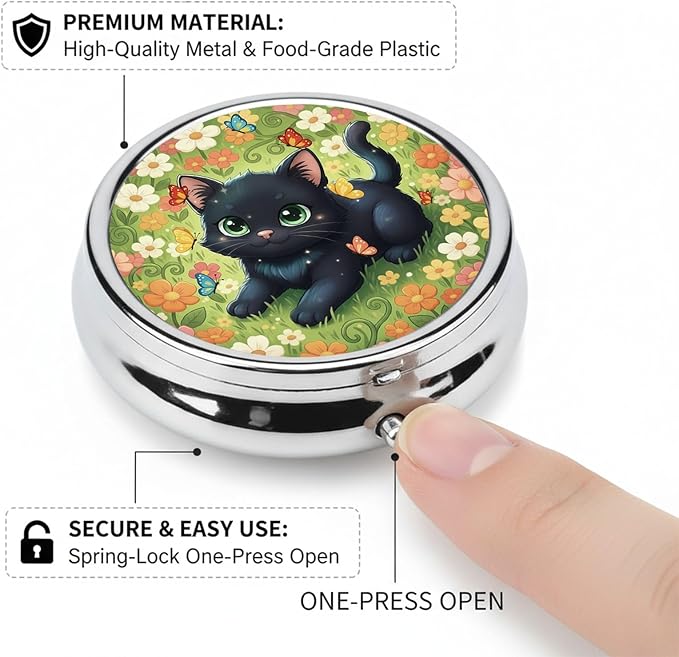 Round Pill Case Small Pill Box with Mirror Pocket 3 Compartment Vitamin Pill Medicine Case Organizer Pill Containers for Traveling Garden Cute Black Cat