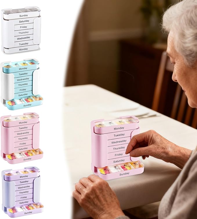 Stay on Track - 7-Day Medication Organizer, Weekly Pill Organizer, 7 Stackable Compartments Four Times-a-DayWeekly Individual Medicine Pill Boxes Cases Organizers with Large Compartments (Sky)