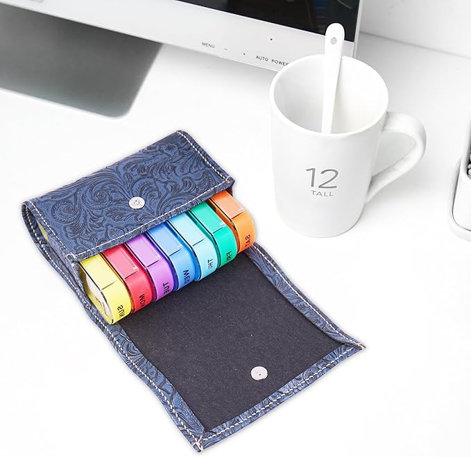 Pill Organizer,Haecsfl Weekly Travel Pill Case Box Medication Reminder Daily AM PM, Day Night 7 Compartments,for 4 Times A Day, 7 Days a Week-Includes Leather PU Carrying Case(1-Carved Blue)