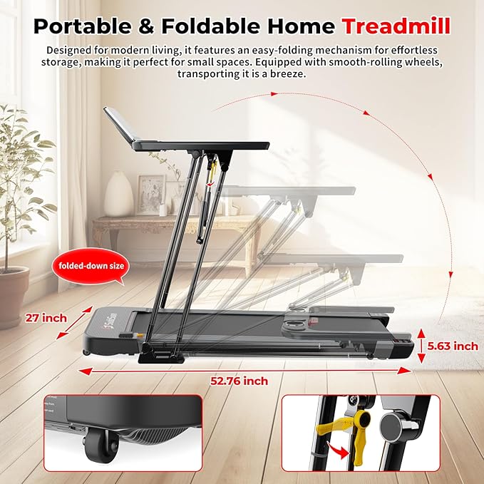 SubSun Foldable Treadmill for Home, Portable Walking Pad with Handle, Manuall/Auto/No Incline, 2.5HP Treadmill with 265 Lbs, Black/White