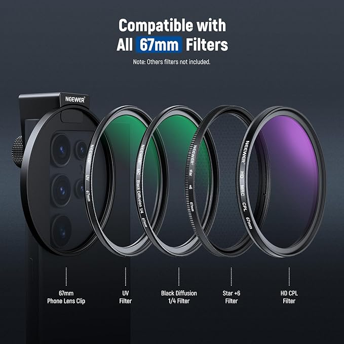 NEEWER 67mm 1/4 Black Diffusion Filter & Cold Shoe Phone Clip, Pouch & Lens Cleaning Cloth, Compatible with iPhone 17 16 16e 15 Pro Max Android Samsung Galaxy S25 Ultra