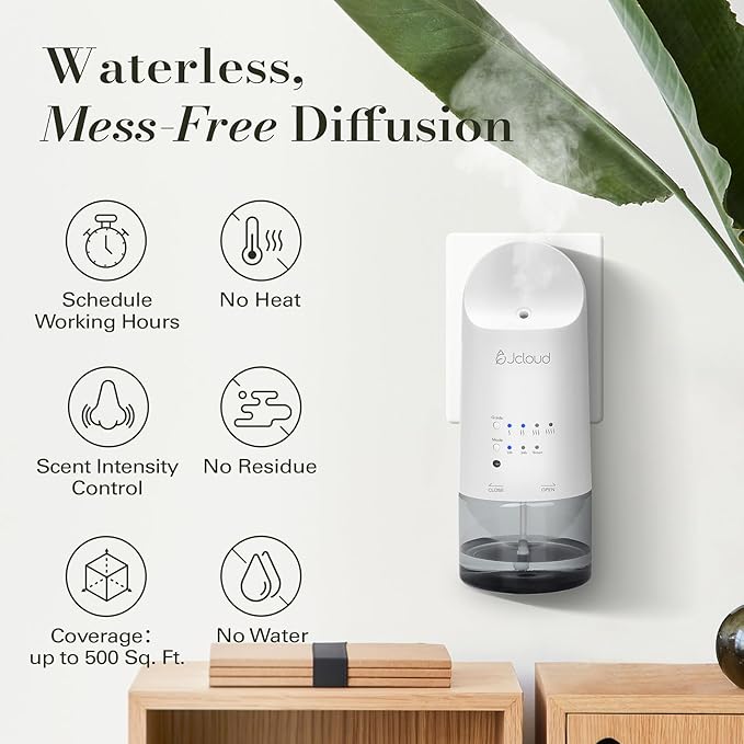 JCLOUD Plug in Diffuser for Essential Oils, Waterless Scent Diffuser Cover Up to 500 Sq. Ft. for Home, Office, Spa – Portable Smart Wall Diffuser 160ML, White