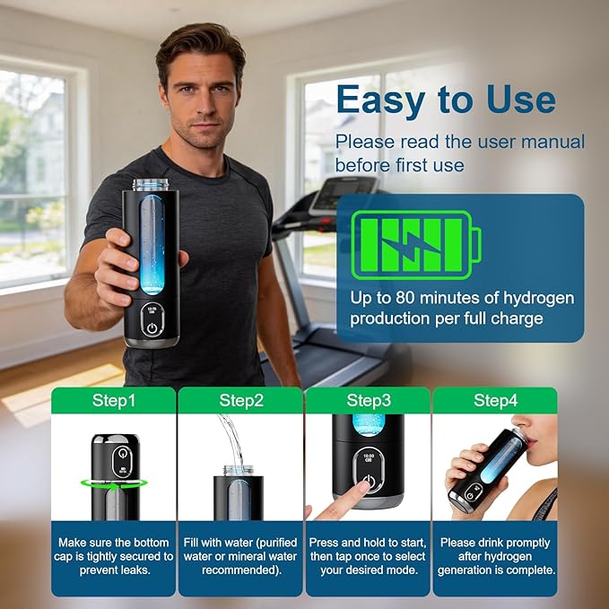 Portable Hydrogen Water Bottle Generator - Up to 6000 PPB H2 Molecular Hydrogen Infusion, SPE/PEM Technology Rechargeable Hydrogen Water Machine for Sports/Travel/Office/Gym - 8.8 oz (Dark)