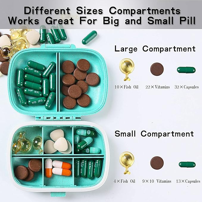 4 Pack Travel Pill Organizer, 8 Compartments Small Pill Box, Portable Daily Pill Case for Medicine, Vitamin, Supplement Storage, Compact Pill Container for Pocket, Purse, Travel, Office, Home Use
