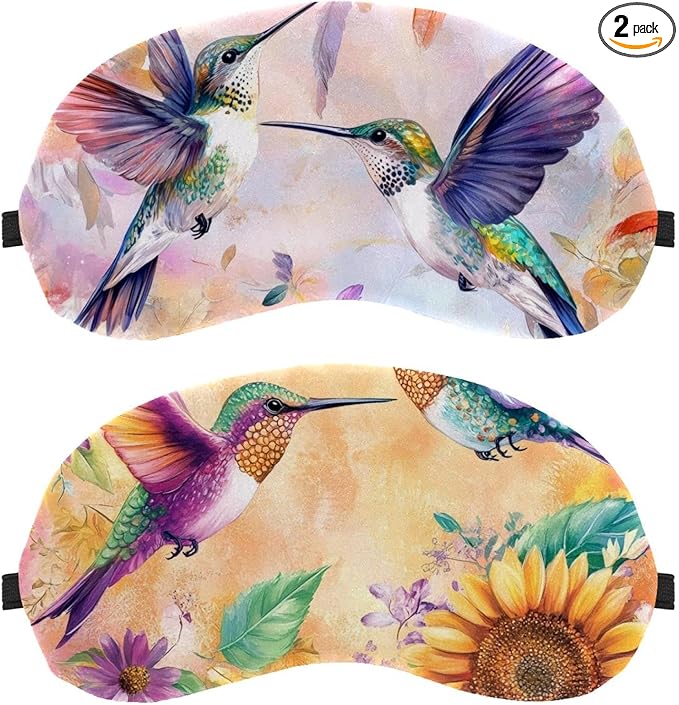 2 Pack Sleep Eye Mask for Women Men, Soft Breathable Eye Cove No Pressure Blackout Night Blindfold for Sleeping Light Blocking with Adjustable Strap, Hummingbirds Sunflower Butterfly