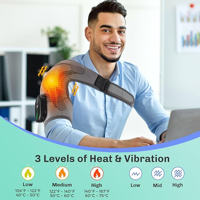 Cordless Shoulder Heating Pad with Massage, FSA Eligible, Shoulder Massager Wrap for Pain Relief, hsa, 3 Heating Levels, 3 Vibrations, Perfect for Home Use, Office, Travel, Gift for Women Men