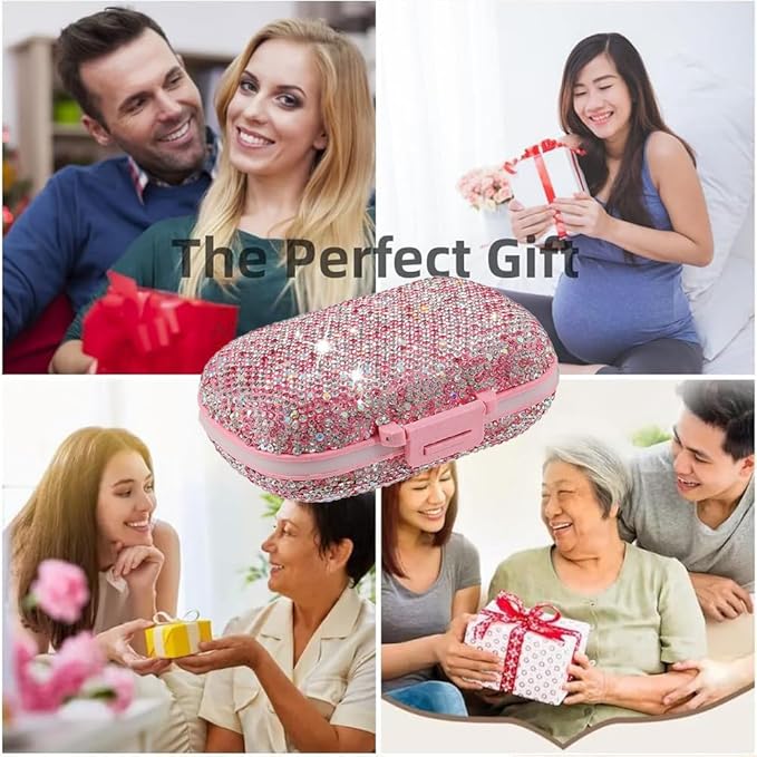 Daily 6 Compartments Pill Box Container Bling Diamond for Purse Medicine Container Holder for Women Travel Kit Medicine (AB Pink)