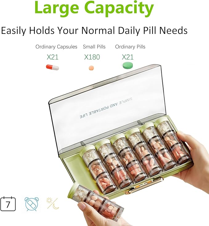 3 Times a Day Pill Organizer 7 Day, Large Weekly Pill Organizer, Weekly Pill Box with 7 Separate Containers, Portable Daily Medicine Planner Case for Medicine Vitamin Fish Oil Supplement(Green)