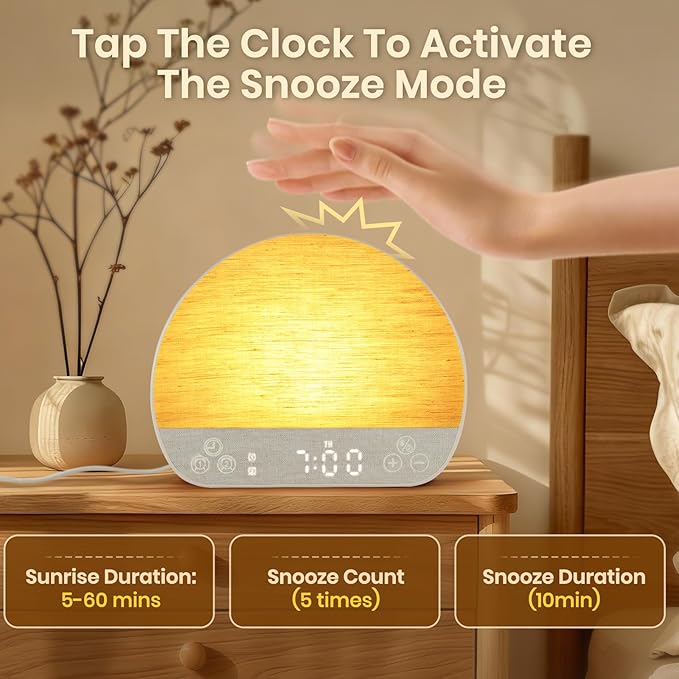 Sunrise Alarm Clock Wake Up Light for Heavy Sleeper, White Noise Sound Machine 37 Sounds, Bluetooth Speaker, Tap Snooze, Remote Control, USB Port, 15 Color Dimmable NightLight for Bedroom
