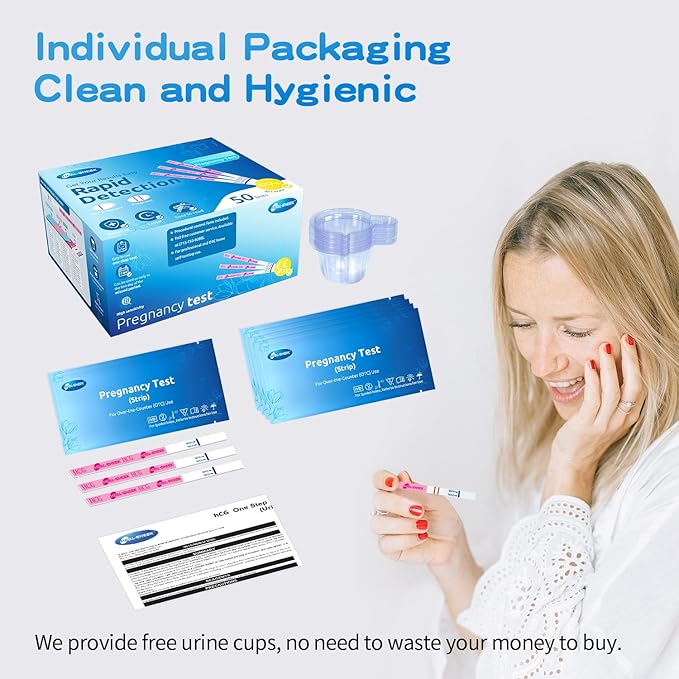 50 Count Pregnancy Tests with Cups, Bulk Pregnancy Test Strips for Detection at Home, Over 99% Accuracy, Individually Wrapped Fertility Tests, Extra-Wide 5mm HCG Tests, Pruebas De Embarazo