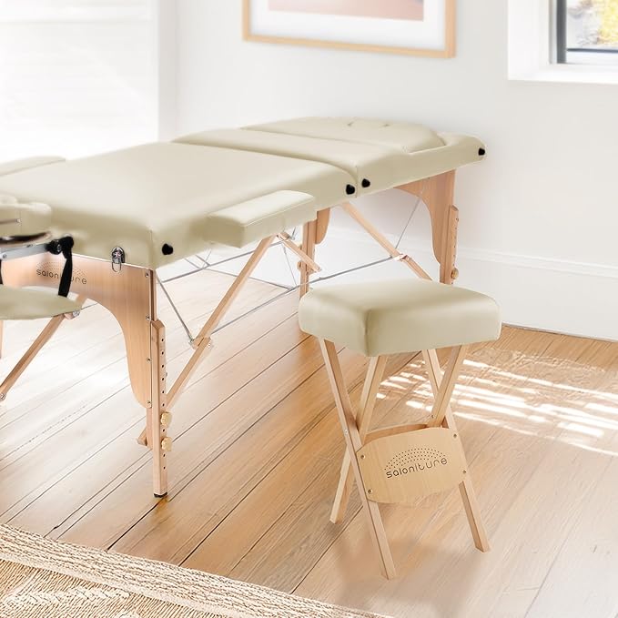 Saloniture Wood Folding Massage Stool with Carrying Case, Cream