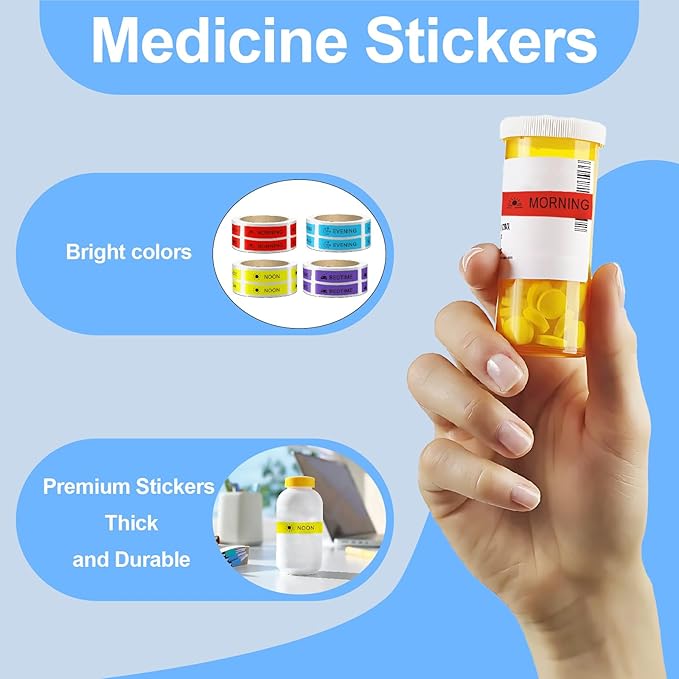 2000 Pcs Pre-Cut Medicine Stickers Medication Instruction Labels Morning Noon Evening Bedtime Medication Reminder Stickers for Pill Case Planner or Pocket Pharmacy Labels (500 Per Roll 4 Rolls