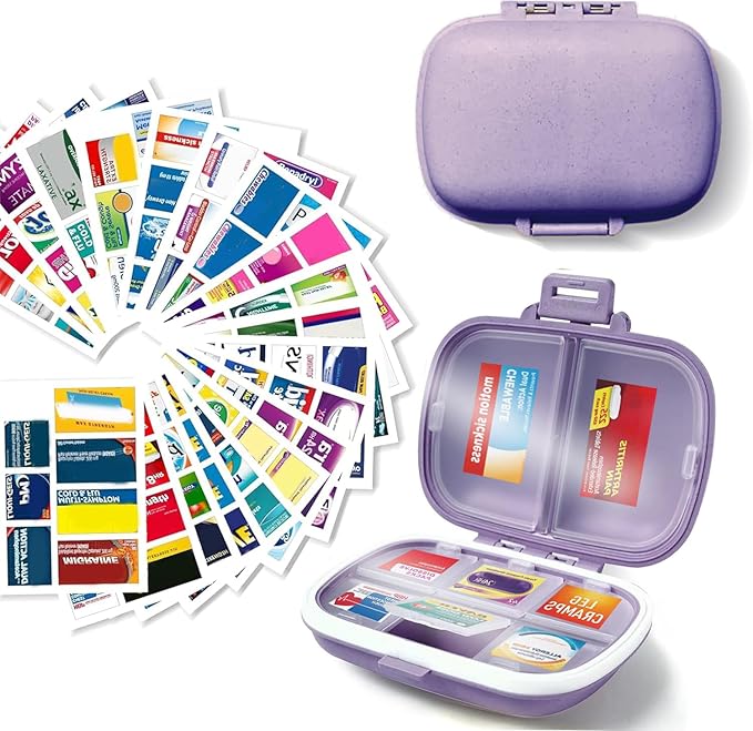 7 Day Pill Container with Medicine Labels - Mini Medication Organizer (Purple, 161 Labels)