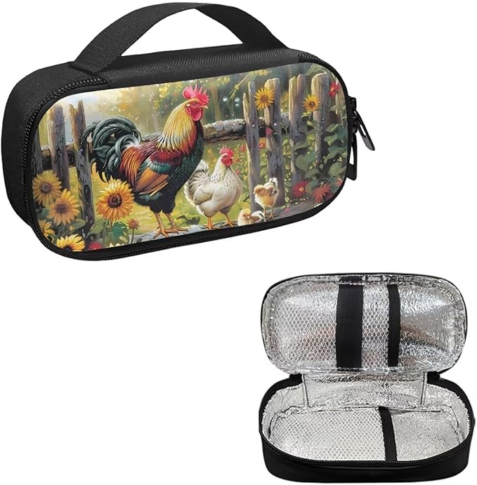 Chicken Rooster Garden Diabetic Supplies Bag Insulin Cooler Case Insulated Diabetic Medication Organizer Carrying Protector with Handle for Insulin Pen, Test Strips, Lancets, Needles