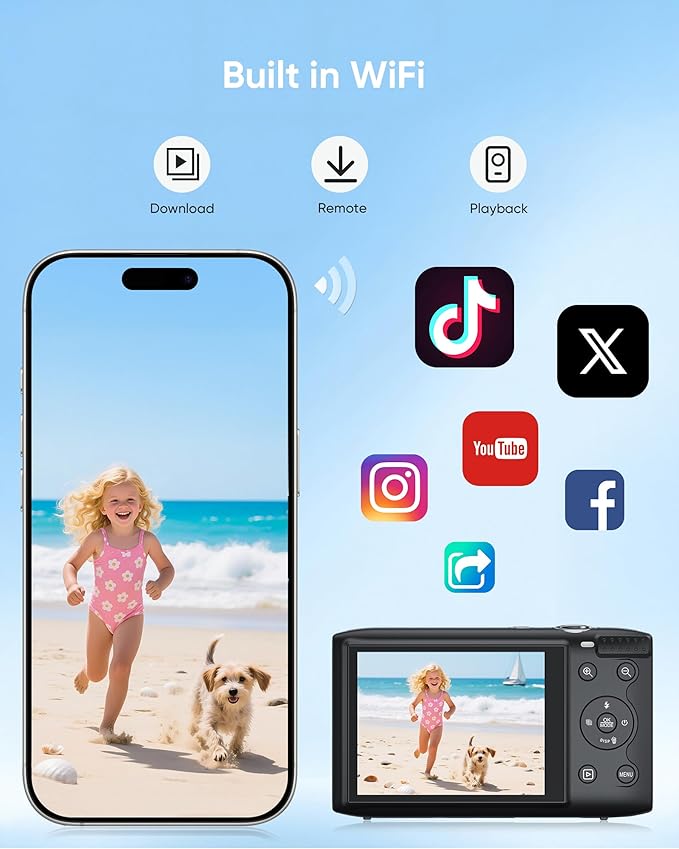 T TAKMLY Digital Camera 5K, Autofocus 16x Zoom 72MP Point and Shoot Cameras Compact Portable with Flash for Boys Girls Teens Students, Anti Shake 2.8'' Screen, 64GB Card Include