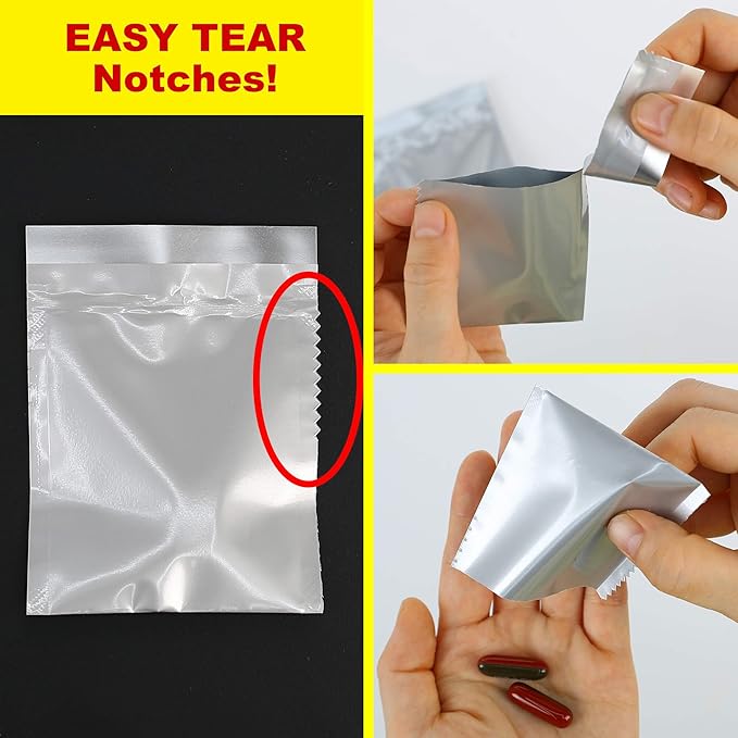 Mansung M 600 - Mylar Heat Seal Pill Bags 2.7x3.5 inch/Silver - Mylar Aluminum Foil Pillsuite Organizer Packets with Notch Easy Tear Smell Proof Packaging Food Storage Heat Sealable Open Top Pouch