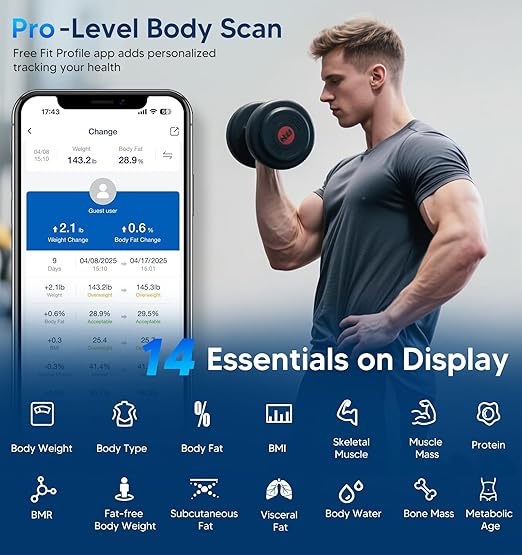 GE Scale for Body Weight, Body Fat, BMI, Muscle Mass, Smart Bathroom Scales with 14 Body Composition Metrics with Large Display, Accurate Bluetooth Weighing Machine with Fitness App, 400 lbs, Black