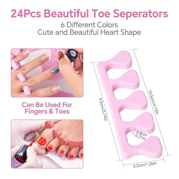 Toe Separators Set 24pcs Colorful Heart Sponge Toe Spacers Soft Foam Toe Finger Dividers for Nail Art, Polishing Gel Painting Toe Separators for Men & Women Spa, Pedicure, Manicure Tool