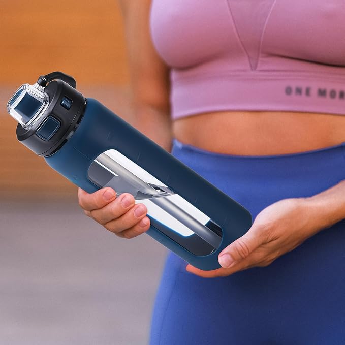 Kodrine Water Bottle With Straw and Carry Handle, Glass Water Bottle 24 oz Leak Proof Locking Lid with Soft Silicone Spout, Reusable Drinking Cups for Travel Sports with Time Marker,Navy Blue