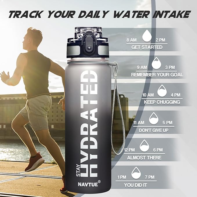 Water Bottle, 32oz Sports Water Bottles with Time Marker Wide Mouth, Motivational and Leakproof Drink Bottle, BPA Free Tritan with Carry Strap for Gym Fitness Outdoor (1 Bottle)