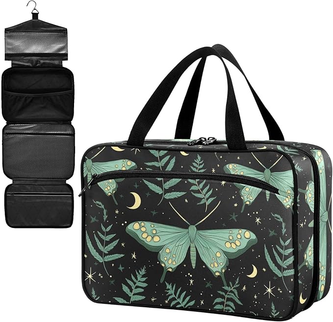 Fustylead Black Green Luna Moth with Ferns Large Medical Storage Bag with Zipper Empty First Aid Bag Trauma Kit for Traveling Hiking Camping Backpacking
