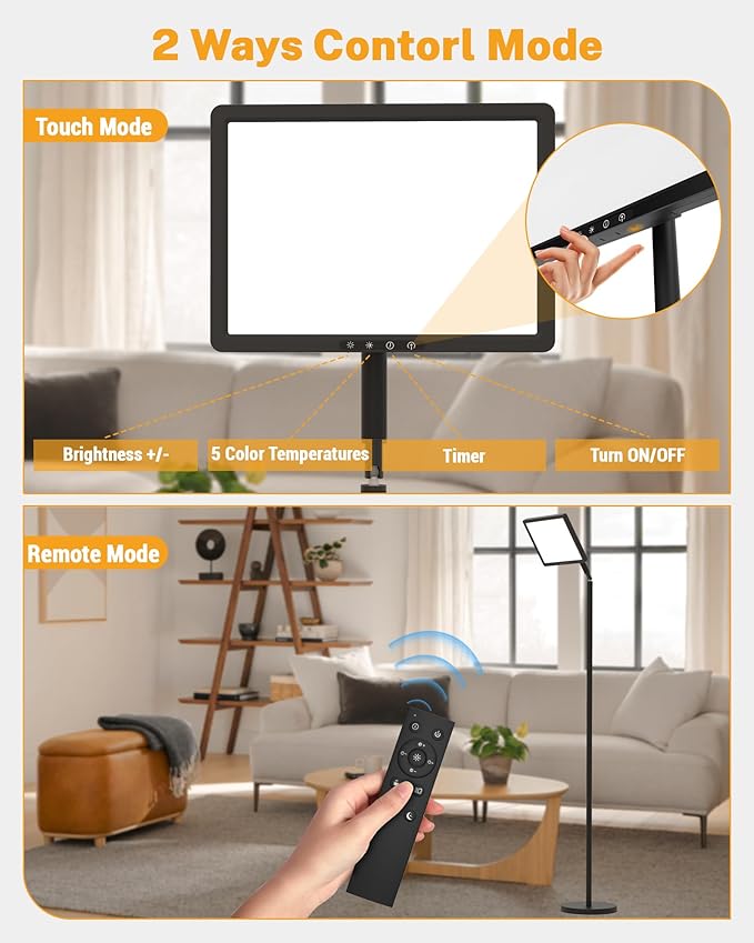 Light Therapy Lamp 12000 Lux UV-Free Full Spectum Floor Therapy Lamps, 4 in 1 LED Sun Lamp, 10 Brightess Levels, 5 Color Modes, Remote&Touch Control, Adjustable Timer/Height/Angle, Black