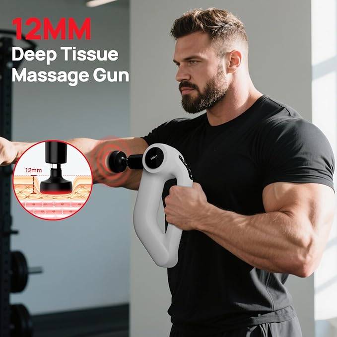 Massage Gun with Heat - Deep Tissue Percussion Massager for Pain Relief, 12mm Amplitude, 5 Speeds & 8 Attachments, Ideal for Muscle Recovery, Back Shoulder Leg - Gift for Athletes, Men, Women (White)