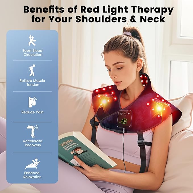 Cordless Red Light Therapy for Neck Shoulder Pain Reilef, 120 LEDs Wearable Infrared Heating Wrap with Massager and Timer, 660nm & 850nm Near-Infrared Red Light Therapy Pad, Blue