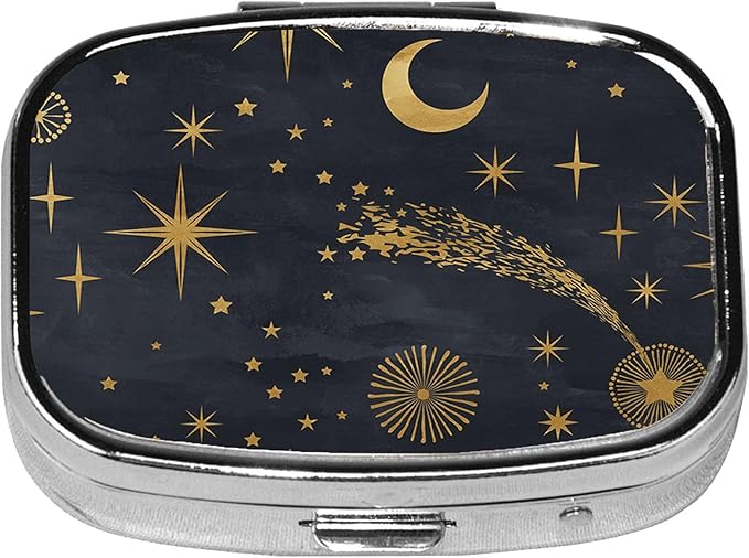 Square Pill Case Small Pill Box with Mirror Pocket 2 Compartment Vitamin Pill Medicine Case Organizer Pill Containers for Traveling Moon and Stars