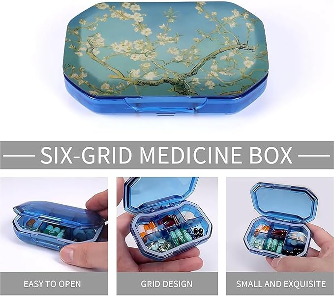 This Portable Almond Blossoms Pattern 6 Compartment Pill Box Can Be Placed in A Pocket Or Wallet to Store Vitamins, Medicines Health Supplements Other Medications.