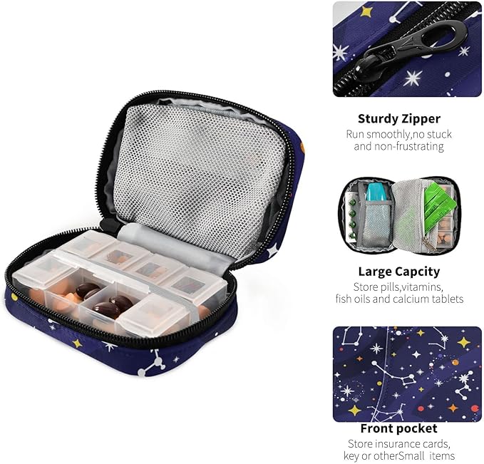 Pill Box Star Constellation Zodiac 7 Day Pill Case Travel Pill Organizer Bag with Zipper Portable Weekly Vitamin Medicine Supplement Holder Pouch Bag