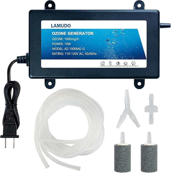 Ozone Generator with Air Stones for Cold Plunge and Hot Tubs, 1000mg/h Portable SPA Ozonator, High Output Multipurpose Ozone Machine(Include Check Valve and Y-Tee)