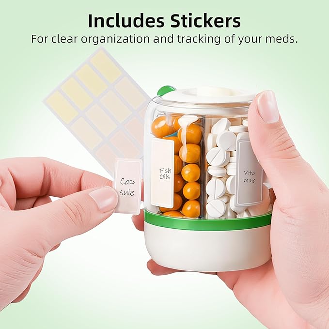 4 Compartments Pill Bottle Organizer, Anti-Mix Travel Pill Dispenser with Safety Lock, Pill Case with 16pcs Labels, Cute Pill Organizer for Seniors, Caregivers & Daily Vitamin Management(Green)