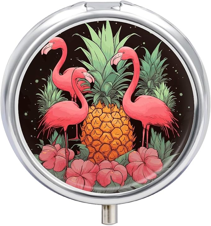 Pineapple Flamingos Pill Box Travel Pill Case for Purse Pocket Weekly Medicine Organizer with Mirror 3 Compartment Round Medicine Case Portable PillcaseHolder for Daily