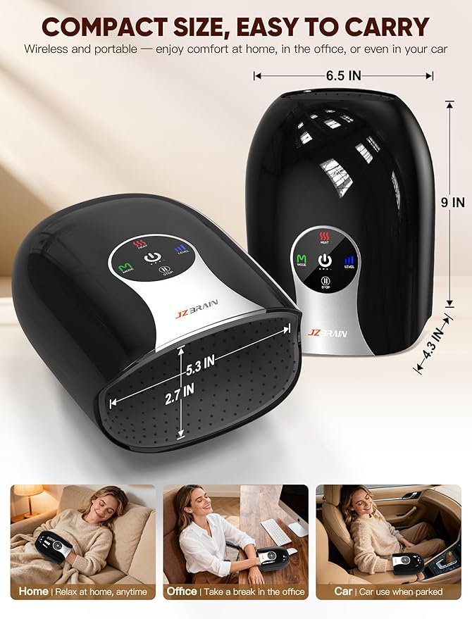 Hand Massager with Heat and Compression : Cordless Heated Hand and Wrist Massager for Palm, Fingers, and Comfort Relief – 4 Modes 6 Intensities, Portable Rechargeable, Wife Husband (Black)