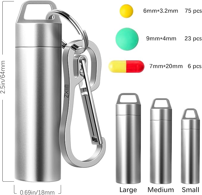 Small Pill Holder Keychain, Portable Metal Pill Case Waterproof Pill Box Container Mini Stainless Steel Pill Organizer for Travel Purse Pocket