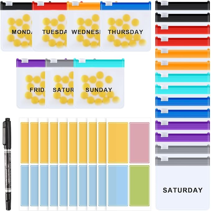 MARFOREVER 25 Pcs Pill Pouch Weekly Reusable Translucent Pill Bags Travel Medicine Organizer Small Pill Container Storage with Slide Lock 14 Pcs Plastic Medicine Bags 10 Sheets Labels and A Marker