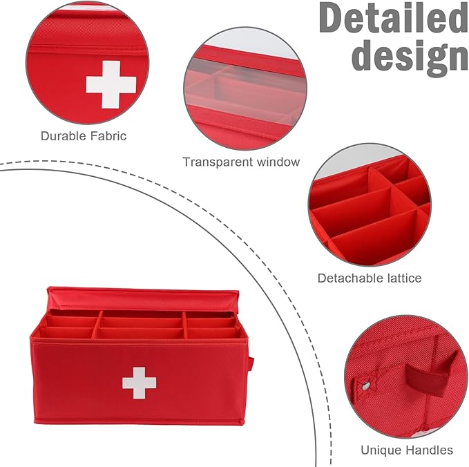First Aid Kit, Linen First Aid Supplies Box, Pill Bottle Organizer, Empty Box with Lid for Home & Travel Emergency Tool Set - Red