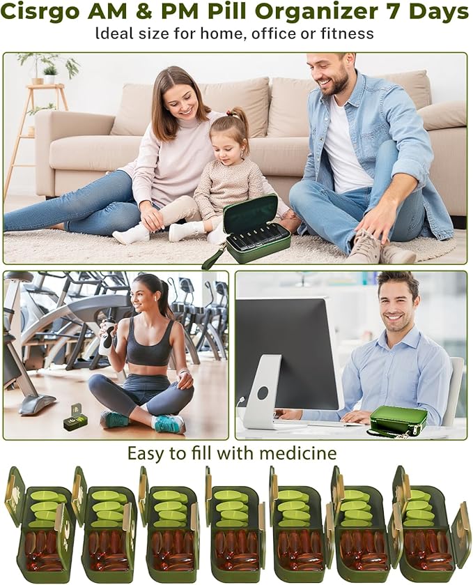Weekly Pill Organizer AM PM, Travel Pill Organizer with Double Zipper Case, 14 Compartment Pill Box for Vitamins, Supplements & Medication, Portable Medicine Organizer for Women & Seniors