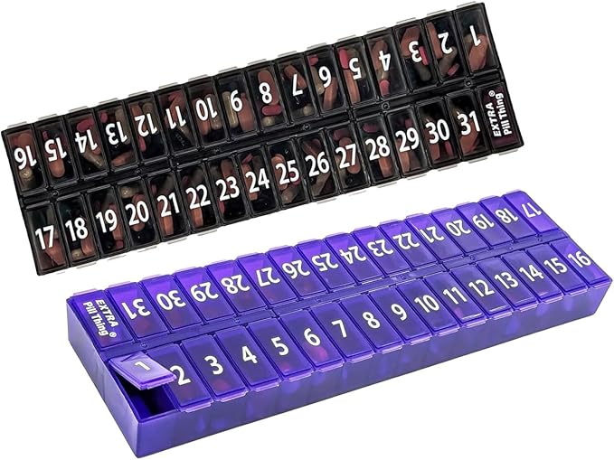 AM/PM 31 Day Once-a Day Monthly Pill Planner Organizers - Large Compartment Pill Boxes Store Medications for Entire Month Plus Compartment for Extra Pills (AM/PM) (Black & Purple)