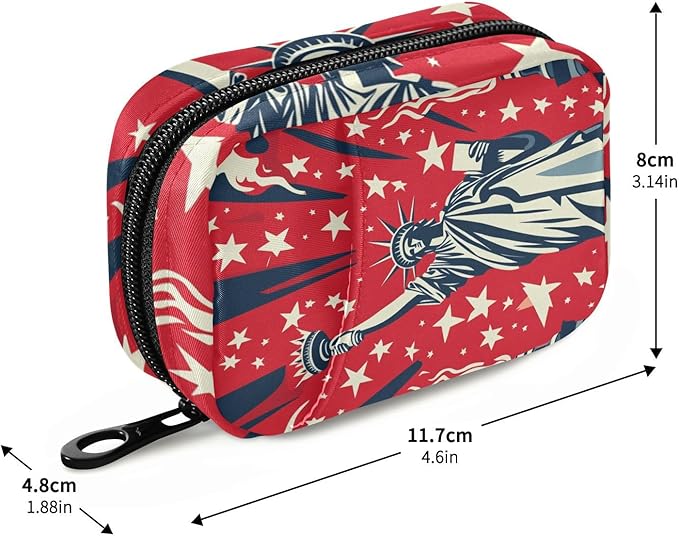 July 4th Statue of Liberty Red Travel Pill Organizer Case Box Container Weekly Portable Vitamin Medicine Holder Storage Bag with Zipper Removable