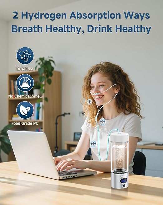 Hydrogen Water Bottle - 5000 PPB in 8 Minutes, Cyclic Mode for 8 Hours, Self Clean, Aluminum & Glass, for Travel Sports Office Home, Gift for Father Mom Family Friends Clients(Silver, 12Oz)