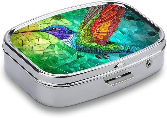 Colorful Humming Bird Pill Box 2 Compartment Stained Glass Portable Medicine Pill Case Travel Pill Organizer for Pocket Purse