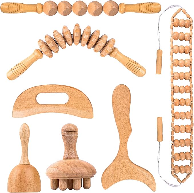 7-in-1 Wood Therapy Massage Tools for Body Sculpting & Lymphatic Drainage - Professional Maderoterapia Kit, Natural Wooden Therapy Tools for Cellulite Reduction
