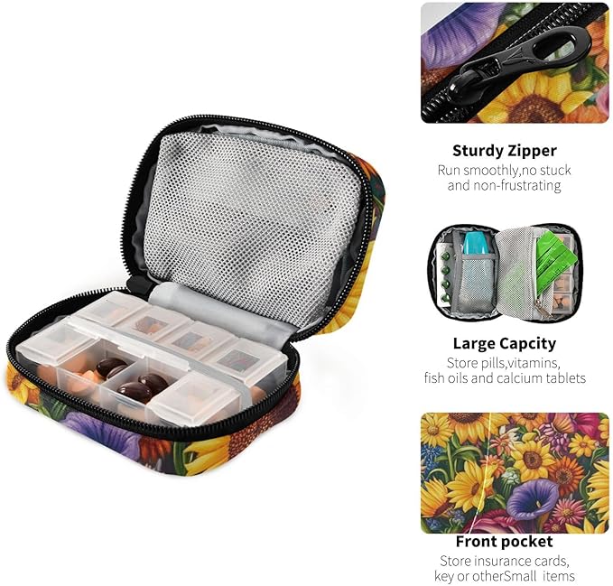 Travel Pill Case Sunflowers Flowers Leaf Weekly Small Pill Box 7 Day Pill Box Pill Organizer Bag