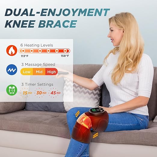 Cordless Knee Heating Pad with Massage, Knee Massager for Pain Relief, Heat Knee Wrap with 6 Heat Levels & 3 Timers, Adjustable Heating Pad for Knee, Shoulder, Elbow